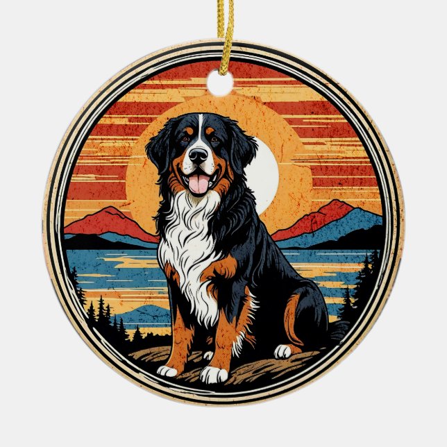 Bernese Mountain Dog Vintag Sunset Keramik Ornament (Vorne)