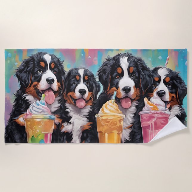 Bernese Mountain Dog Welpen trinken Milchshakes Strandtuch (Vorderseite)