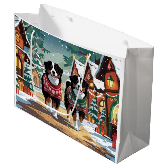 Bernese Mountain Dogs Christmas Snow Holiday Große Geschenktüte (Vorderseite Schrägansicht)