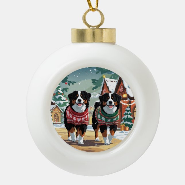Bernese Mountain Dogs Christmas Snow Holiday Keramik Kugel-Ornament (Vorderseite)