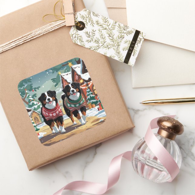 Bernese Mountain Dogs Christmas Snow Holiday Quadratischer Aufkleber (Schenken)