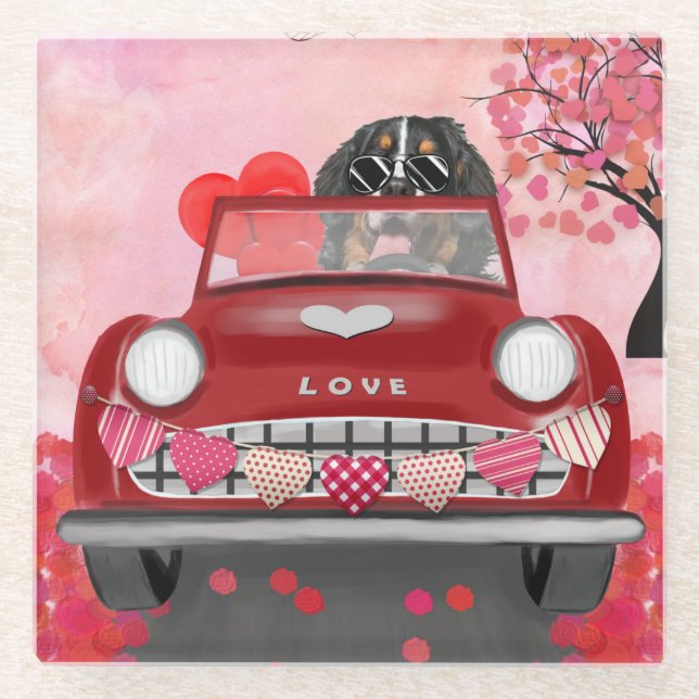 Bernese Mountain Driving Car with Hearts Valentine Glasuntersetzer (Vorderseite)