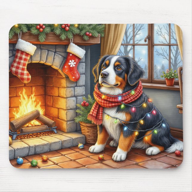 Bernese Mountain Fireplace with Christmas Lights Mousepad (Vorne)