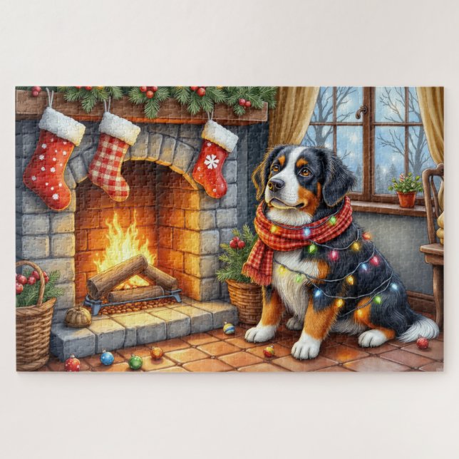 Bernese Mountain Fireplace with Christmas Lights Puzzle (Horizontal)