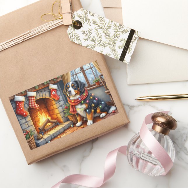 Bernese Mountain Fireplace with Christmas Lights Rechteckiger Aufkleber (Schenken)