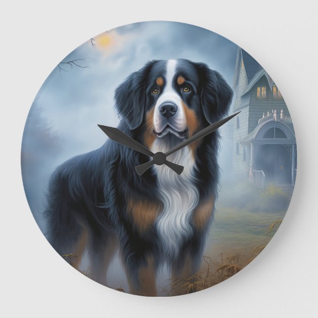 Bernese Mountain Halloween Beängstigend Große Wanduhr (Vorderseite)