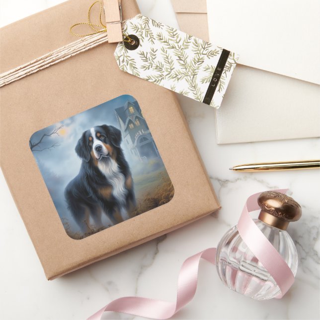 Bernese Mountain Halloween Beängstigend Quadratischer Aufkleber (Schenken)