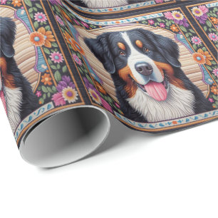 Bernese Mountain Hund Blumenkolorierte Grenze Geschenkpapier