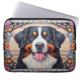 Bernese Mountain Hund Blumenkolorierte Grenze Laptopschutzhülle