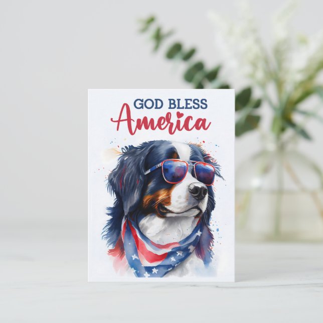 Bernese Mountain Hund, Gott segne Amerika Postkart Postkarte (Stehend Vorderseite)
