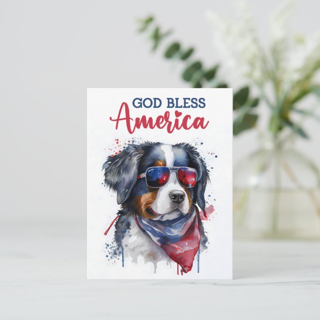 Bernese Mountain Hund, Gott segne Amerika Postkart Postkarte (Stehend Vorderseite)
