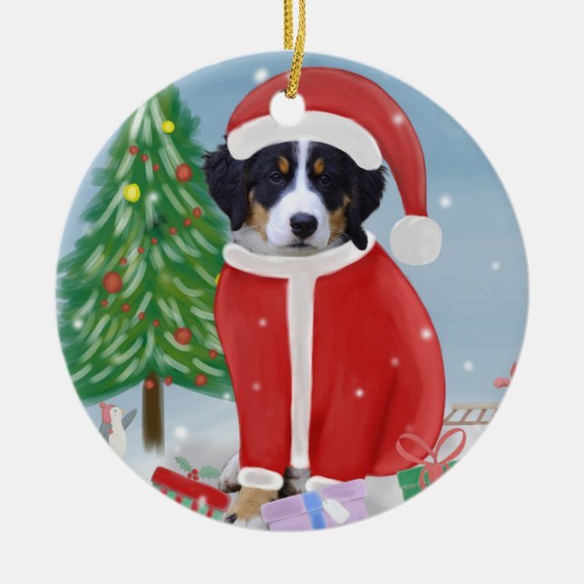 Bernese Mountain Hund im Schnee mit Weihnachtsgesc Keramik Ornament (Vorne)