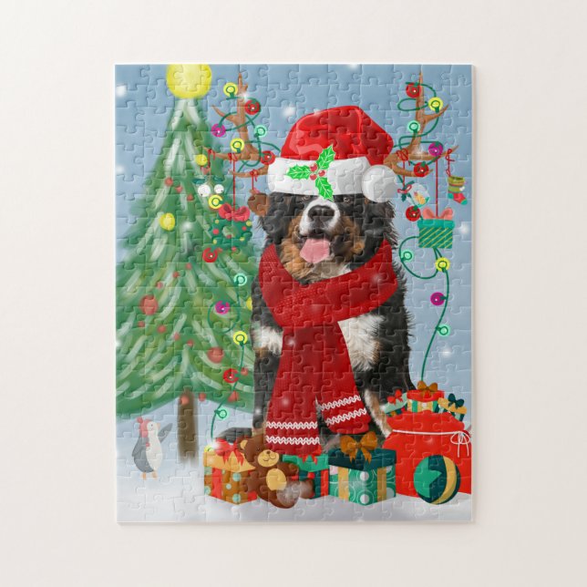 Bernese Mountain Hund im Schnee mit Weihnachtsgesc Puzzle (Vertikal)