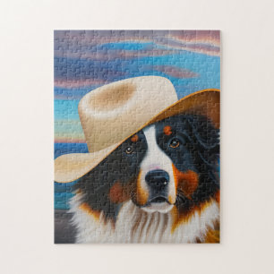 Bernese Mountain Hund in einem Hut am Strand Puzzle