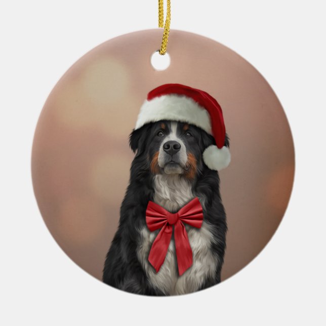 Bernese Mountain Hund in rotem Hut des Weihnachtsm Keramik Ornament (Vorne)