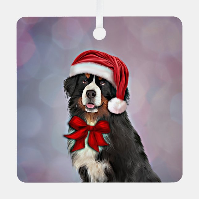 Bernese Mountain Hund in rotem Hut des Weihnachtsm Ornament Aus Metall (Vorderseite)