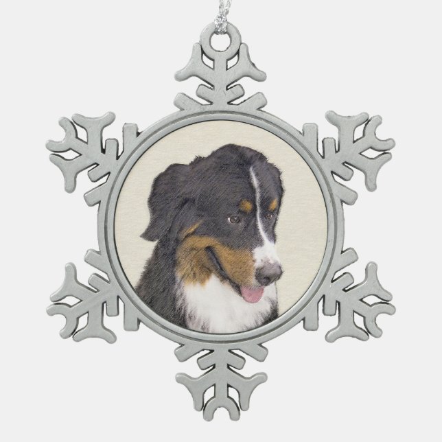 Bernese Mountain Hund Malerei - Original Hunde Kun Schneeflocken Zinn-Ornament (Vorderseite)