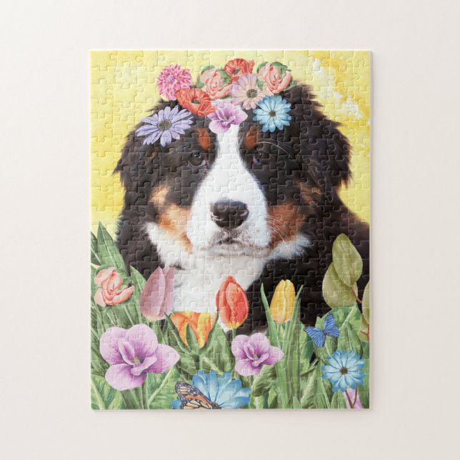Bernese Mountain Hund mit Blume Frühjahr Puzzle (Vertikal)