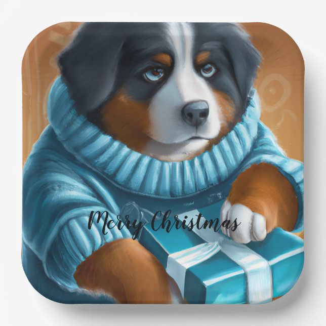 Bernese Mountain Hund mit Weihnachtsgeschenk Pappteller (Vorderseite)