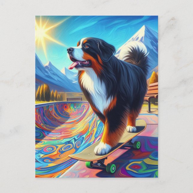 Bernese Mountain Hund Skateboarding Postkarte (Vorderseite)