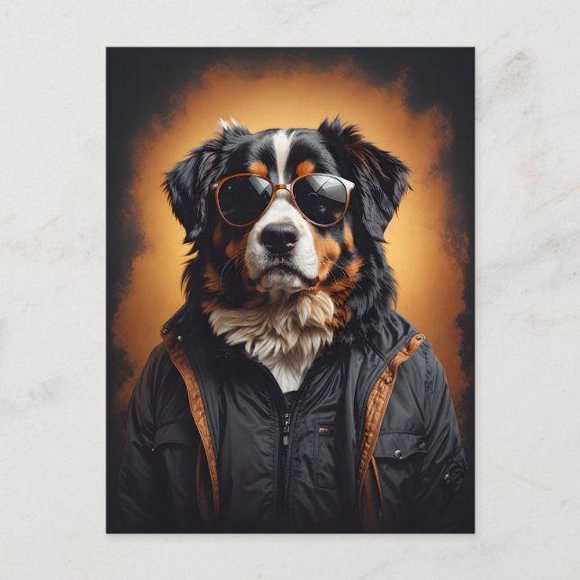 Bernese Mountain Hund tragen Jacket und Sonnenbril Postkarte (Vorderseite)