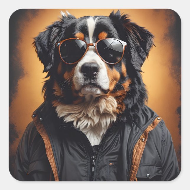Bernese Mountain Hund tragen Jacket und Sonnenbril Quadratischer Aufkleber (Vorderseite)