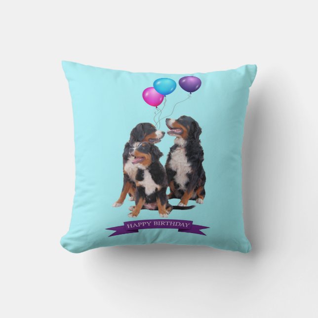 Bernese Mountain Hunde Happy Birthday Pillow Kissen (Vorderseite)