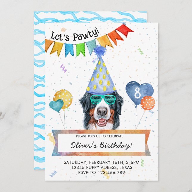 Bernese Mountain Lasse Pawty Dog Birthday Party Einladung (Vorne/Hinten)