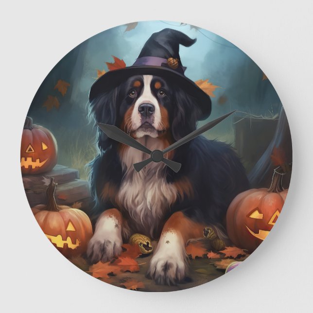Bernese Mountain Pumpkins Halloween Beängstigend Große Wanduhr (Vorderseite)