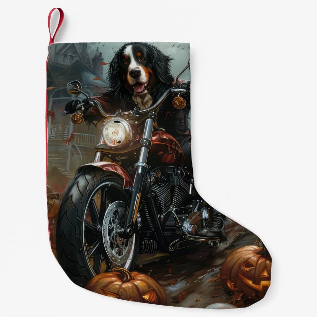 Bernese Mountain Riding Motorrad Halloween Beängst Kleiner Weihnachtsstrumpf (Vorderseite)