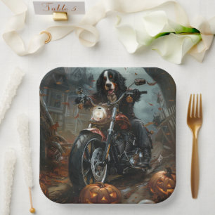 Bernese Mountain Riding Motorrad Halloween Beängst Pappteller