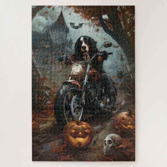 Bernese Mountain Riding Motorrad Halloween Beängst Puzzle (Vertikal)