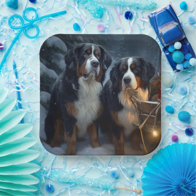 Bernese Mountain Snowy Sleigh Weihnachtsdekor Pappteller (Party)