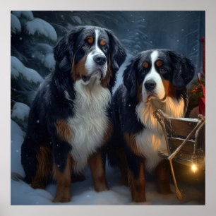 Bernese Mountain Snowy Sleigh Weihnachtsdekor Poster