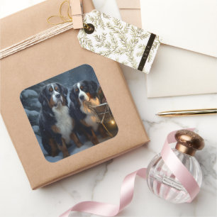 Bernese Mountain Snowy Sleigh Weihnachtsdekor Quadratischer Aufkleber