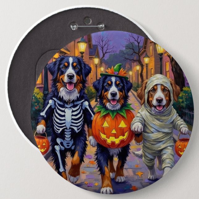 Bernese Mountain Trick oder Treating zu Halloween Button (Vorne & Hinten)