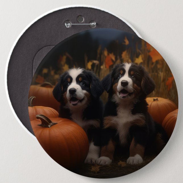 Bernese Mountain Welpe Herbst Kürbiskugel Button (Vorne & Hinten)