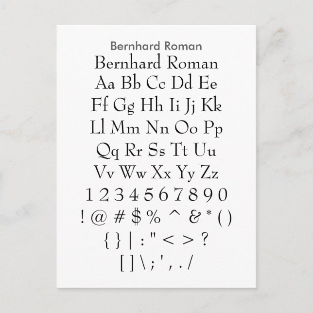 Bernhard Roman - Zazzle Schriftart Sampler Sheet Postkarte (Vorderseite)