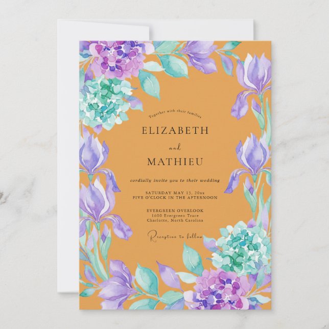Bernstein Iris Lila Eukalyptus Hochzeit Einladung (Vorderseite)