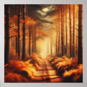 Bernstein-Waldweg mit Sonnenstrahlen – Herbstposte Poster