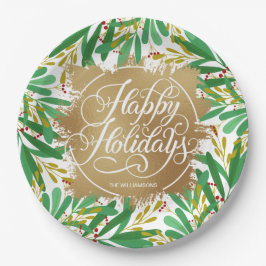 Berries Greenery Gold Imitate Foil Happy Holidays Pappteller