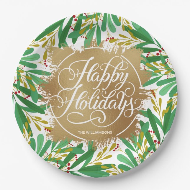 Berries Greenery Gold Imitate Foil Happy Holidays Pappteller (Vorderseite)