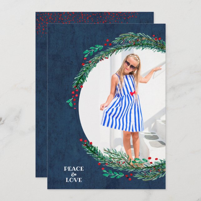 Berries Pine Wreath Christmas Foto Feiertagskarte (Vorne/Hinten)