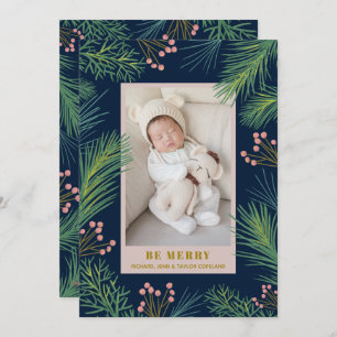 Berries Pines Holiday Foto Geburtshinweise Feiertagskarte