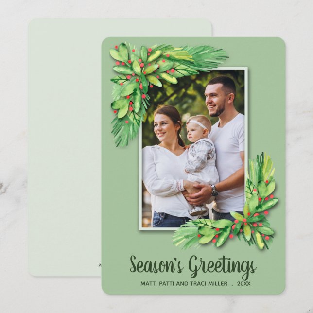 Berries und Grüntöne Weihnachts-Foto Feiertagskarte (Vorne/Hinten)