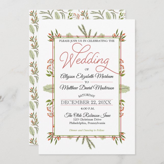 Berries und Winter Pine Greenery Holiday Wedding Einladung (Vorne/Hinten)