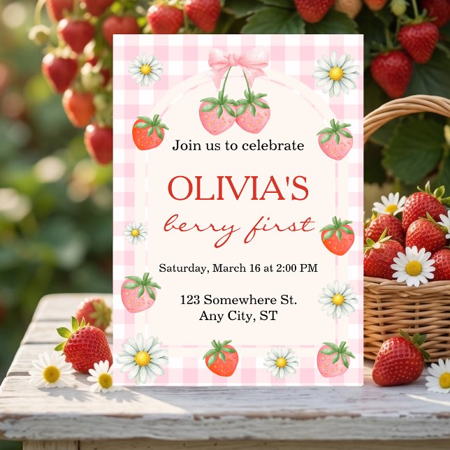 Berry 1. Geburtstag Erdbeerparty Einladung (Berry 1st Birthday Strawberry Photo Invitation)