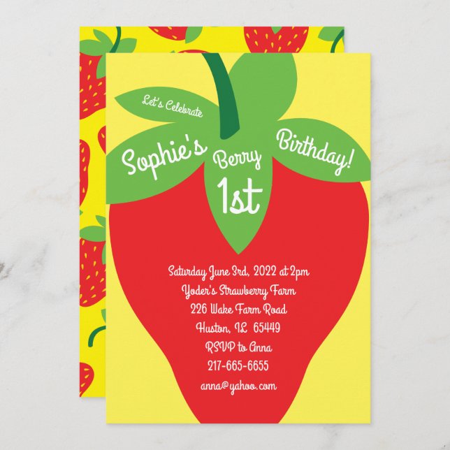 Berry 1. Geburtstag Mod Strawberry Einladungen (Vorne/Hinten)