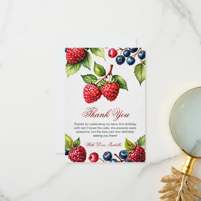 Berry 1. Geburtstag Party Berry Erstes Foto Dankeskarte (Vorderseite/Rückseite Beispiel)