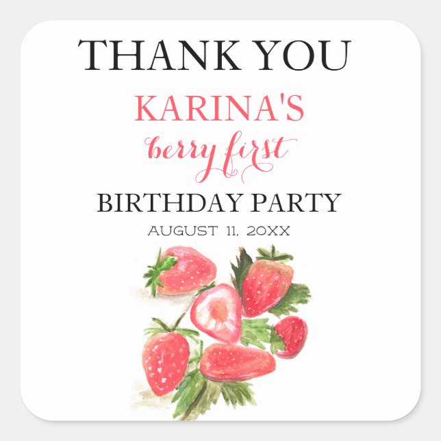 Berry 1. Geburtstag Party Erdbeerobst Sommer Quadratischer Aufkleber (Vorderseite)